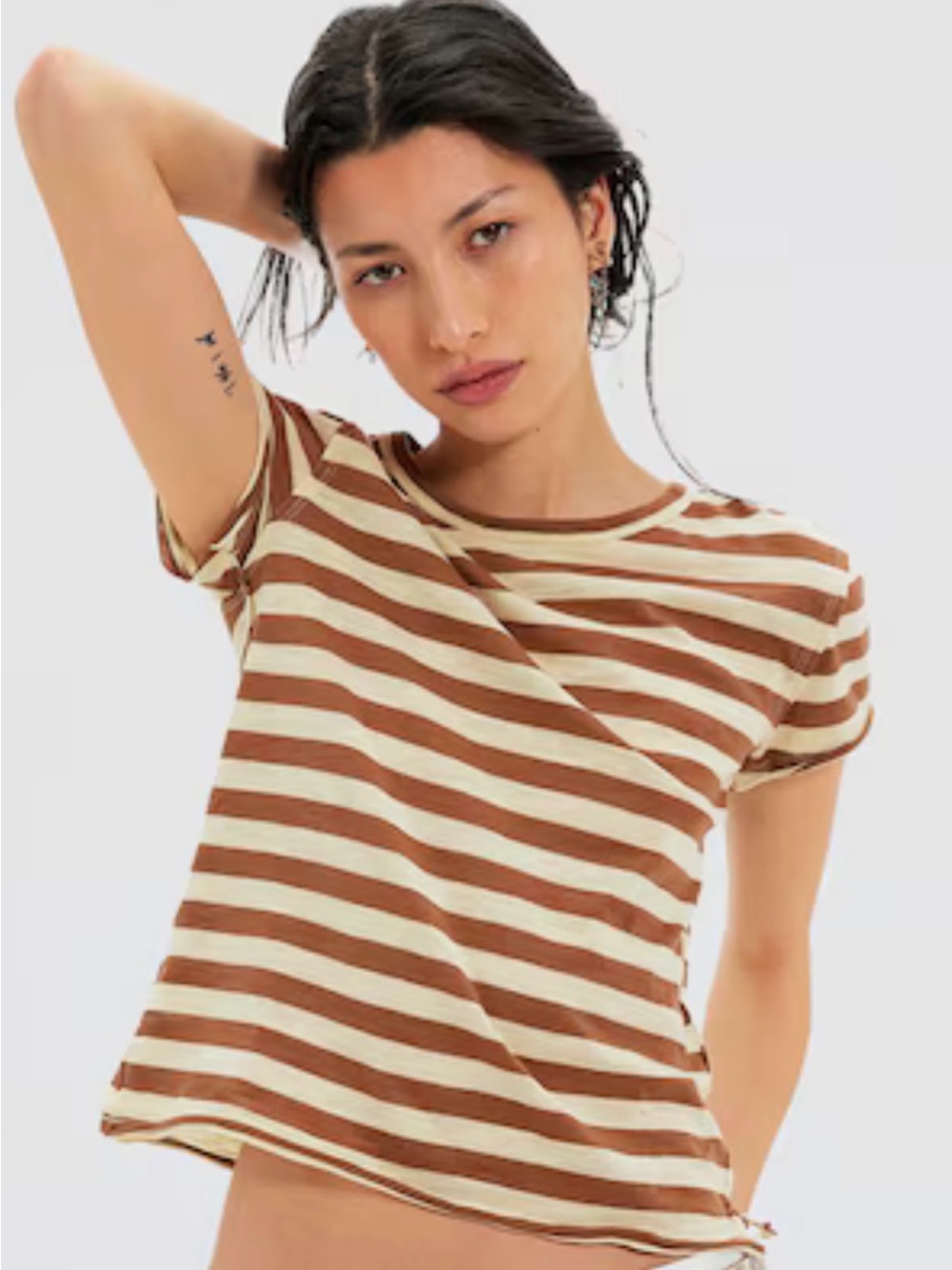 NWT FREE PEOPLE We The Free Nora Striped Tee Mocha & Light Yellow Combo SZ XS